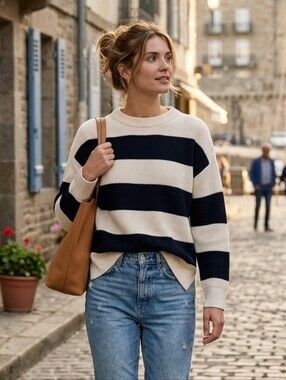 Zara Women's Cream French Nautical Striped Crewnexk Knit Sweater Size M